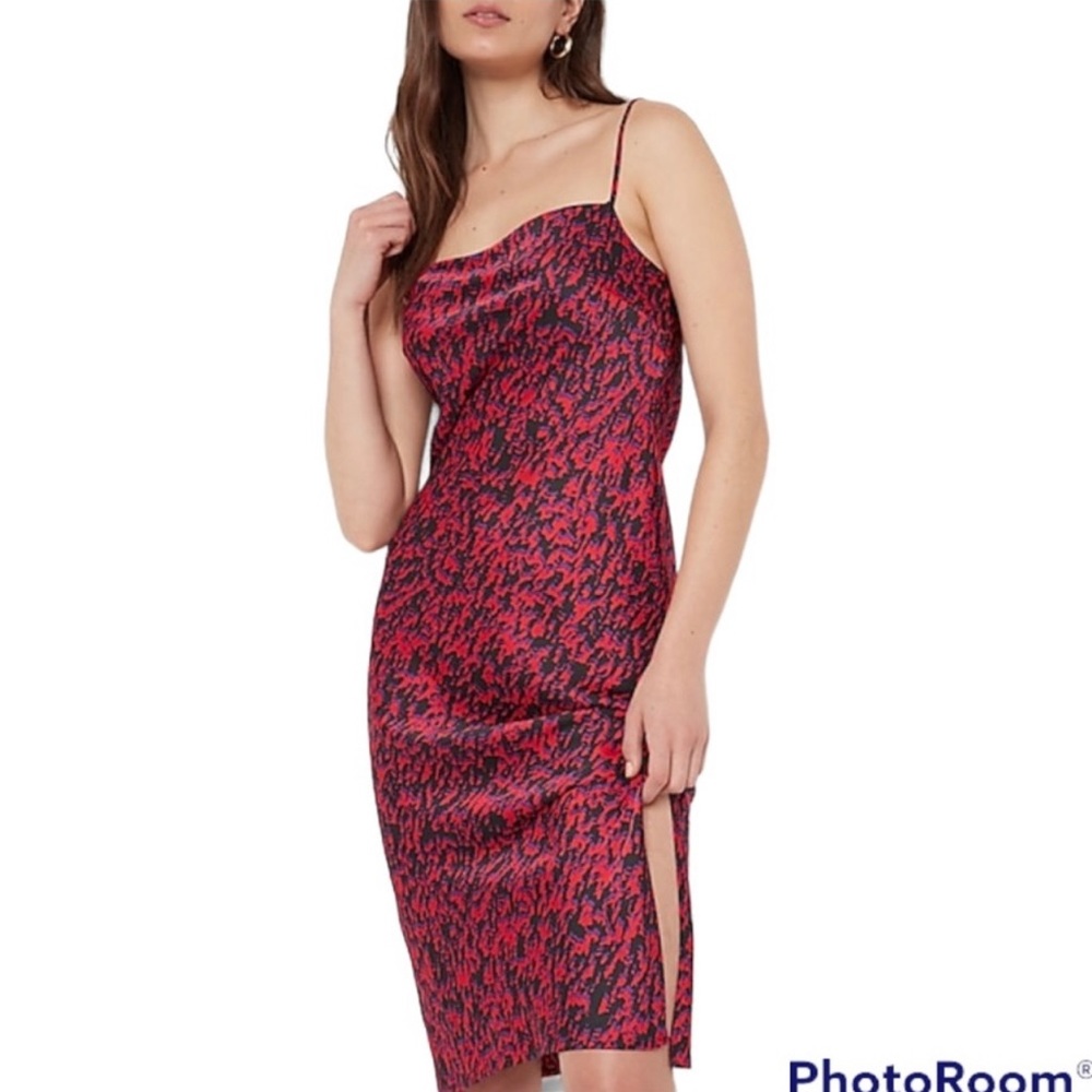 Cowl neck draped midi dress abstract print